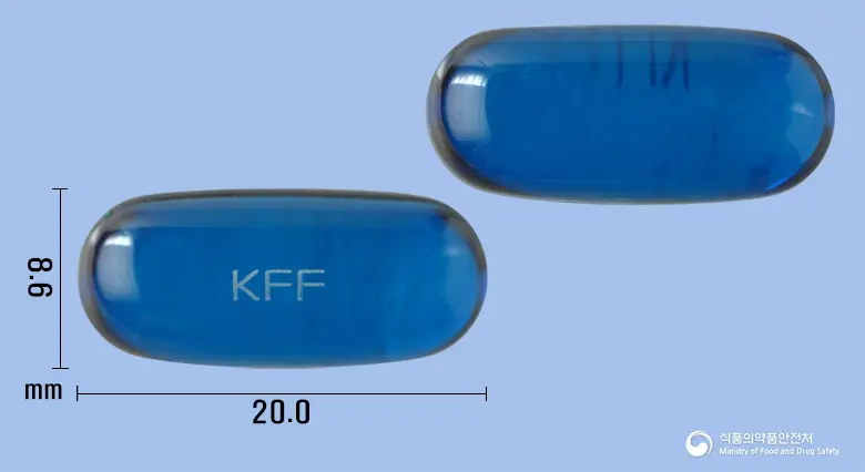 킥코프에프연질캡슐 앞뒤 사진 (파란색·투명 캡슐, 각인 KFF)