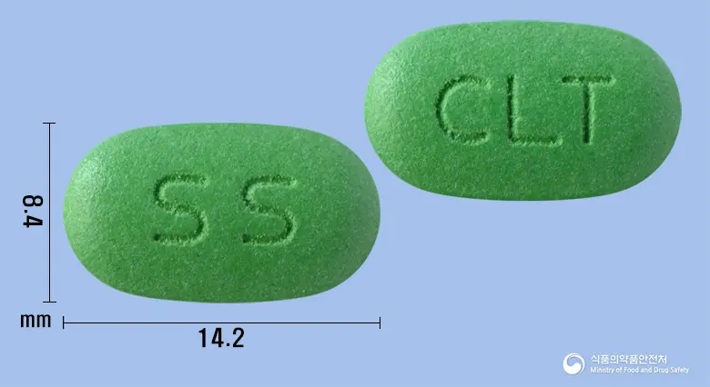 위클린정 앞뒤 사진 (연두색 타원형, 각인 SS / CLT)