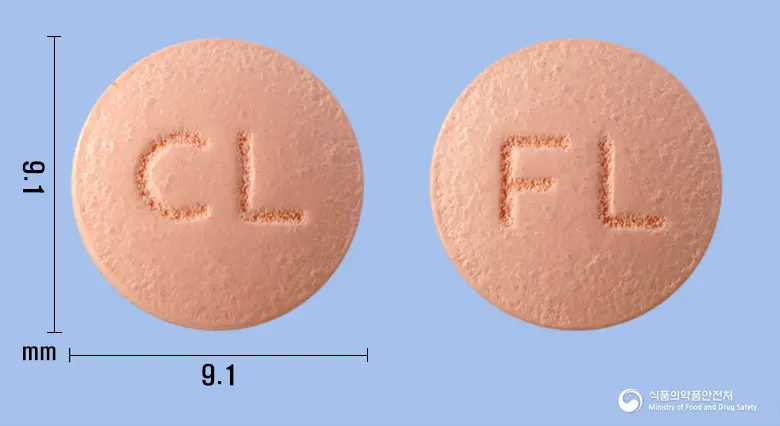 펠로디온지속정5밀리그램(펠로디핀) 앞뒤 사진 (분홍색 원형, 각인 CL / FL)