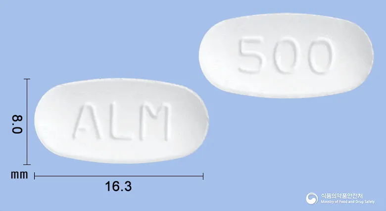알마펜정(알마게이트) 앞뒤 사진 (흰색 타원형, 각인 ALM / 500)