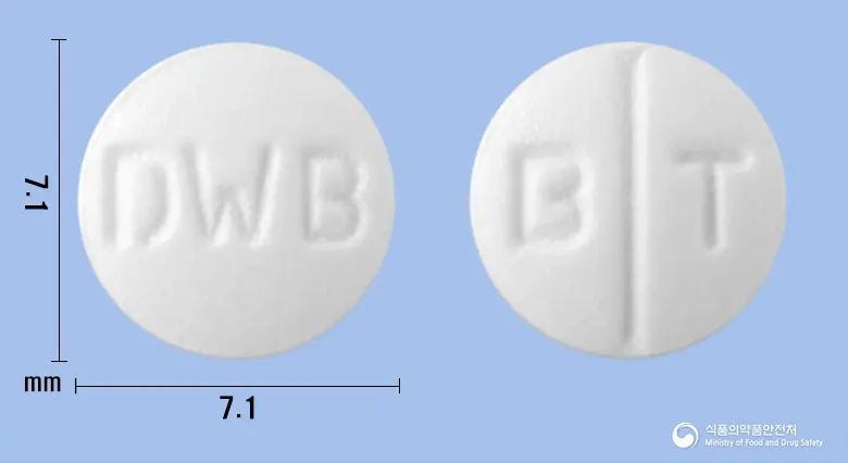 베아리온정10밀리그램(베포타스틴베실산염) 앞뒤 사진 (흰색 원형, 각인 DWB / B T)