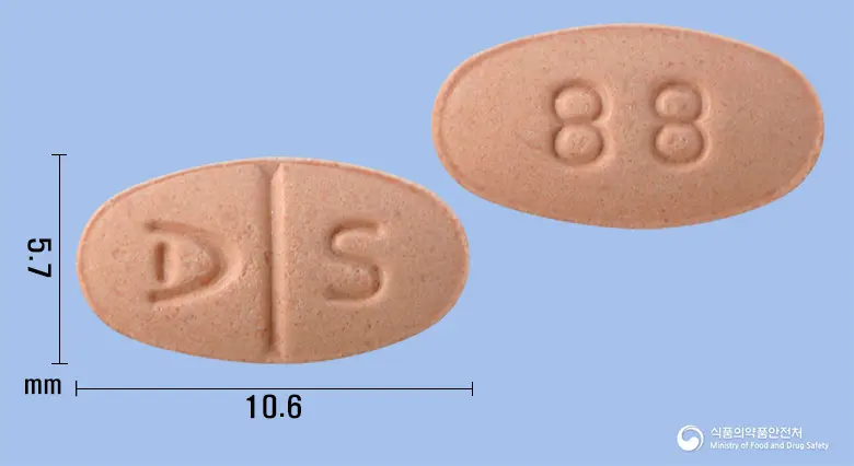 씬지록신정88마이크로그램(레보티록신나트륨수화물) 앞뒤 사진 (분홍색 타원형, 각인 S / 88)