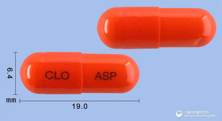 클로아핀캡슐 앞뒤 사진 (주황색 캡슐, 각인 CLO ASP)