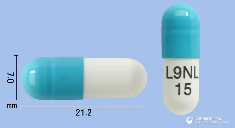레날도캡슐15mg(레날리도마이드) 앞뒤 사진 (파란색 캡슐, 각인 L9NL 15)