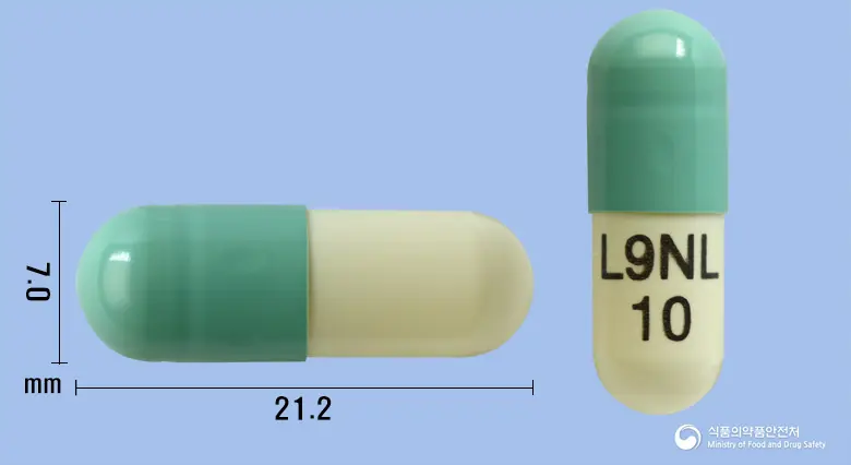 레날도캡슐10mg(레날리도마이드) 앞뒤 사진 (초록색 캡슐, 각인 L9NL 10)