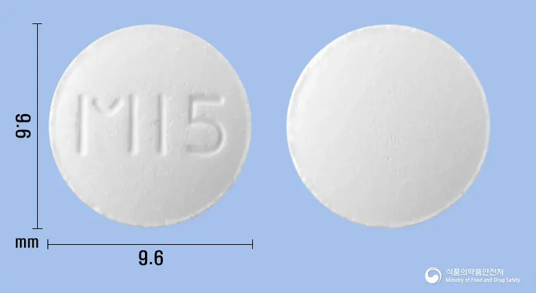 명문미르타오디정15밀리그램(미르타자핀) 앞뒤 사진 (흰색 원형, 각인 M15)
