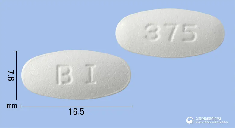 바이크라정375mg(아목시실린·클라불란산칼륨) 앞뒤 사진 (흰색 타원형, 각인 BI / 375)
