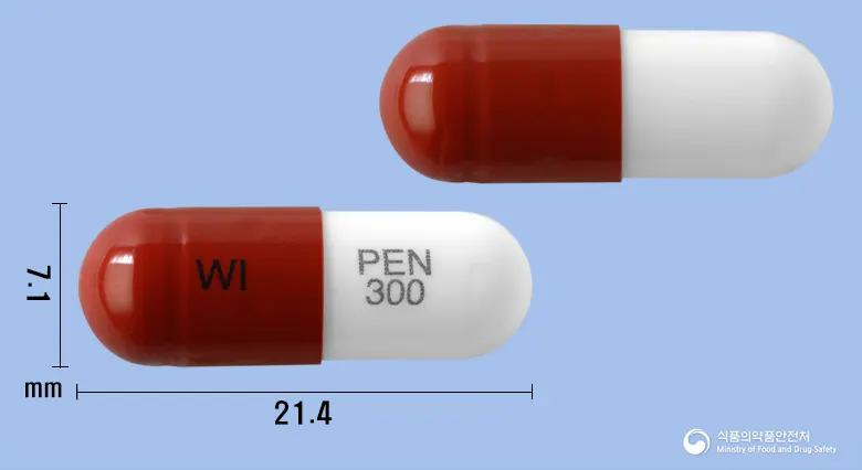 프리렙톨캡슐300밀리그램(프레가발린) 앞뒤 사진 (갈색 캡슐, 각인 WI PEN 300)