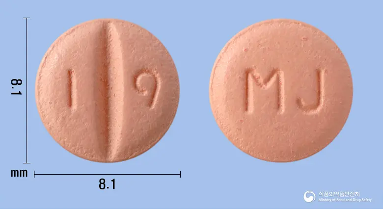 에살탄정80mg(발사르탄) 앞뒤 사진 (분홍색 원형, 각인 I 9 / MJ)