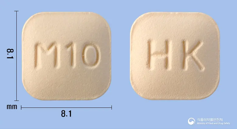 몬테루크정10mg(몬테루카스트나트륨) 앞뒤 사진 (분홍색 사각형, 각인 M10 / HK)