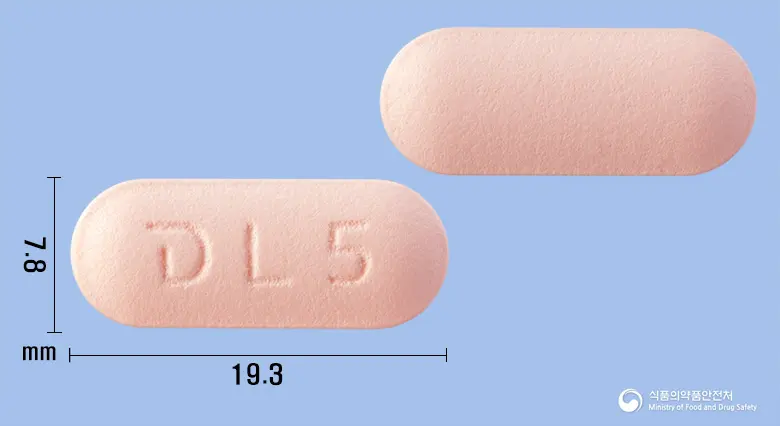 레비신정500mg(레보플록사신수화물) 앞뒤 사진 (분홍색 장방형, 각인 L5)