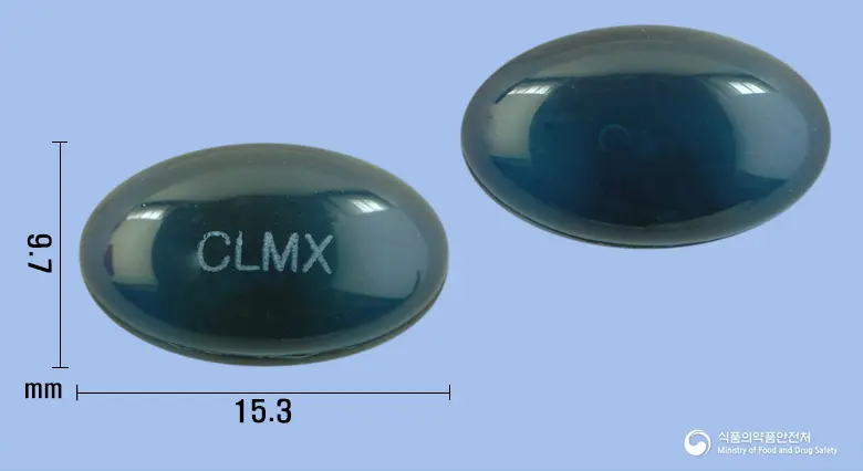 클로맥스연질캡슐(클로닉신리시네이트) 앞뒤 사진 (파란색·투명 캡슐, 각인 CLMX)
