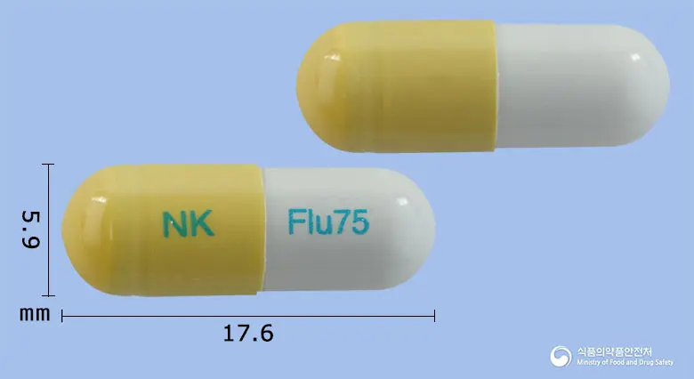 넥스플루캡슐75mg(오셀타미비르인산염) 앞뒤 사진 (노란색 캡슐, 각인 NK Flu75)