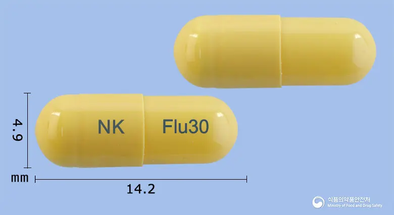 넥스플루캡슐30mg(오셀타미비르인산염) 앞뒤 사진 (노란색 캡슐, 각인 NK Flu30)