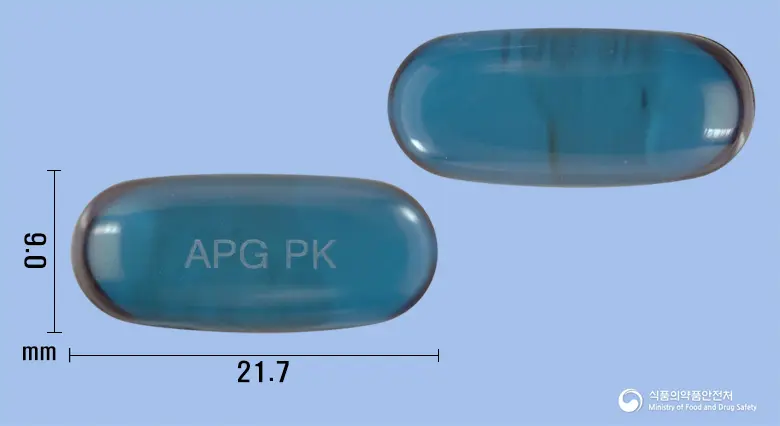 레이디퀸연질캡슐 앞뒤 사진 (파란색·투명 캡슐, 각인 APG PK)