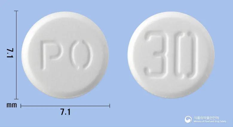 피오리돈정30mg(피오글리타존염산염) 앞뒤 사진 (흰색 원형, 각인 PO / 30)