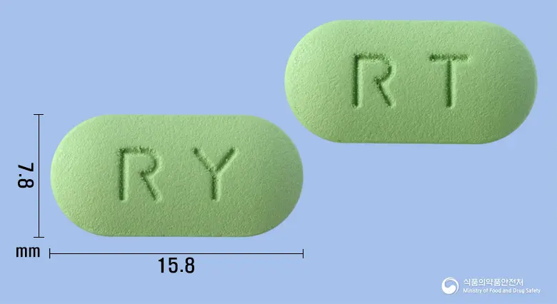알티드정(알티옥트산트로메타민염) 앞뒤 사진 (연두색 장방형, 각인 RY / RT)