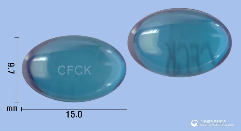콜드펜코프연질캡슐 앞뒤 사진 (파란색·투명 캡슐, 각인 CFCK)