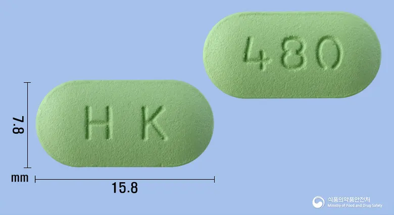 아록트산정480밀리그램(알티옥트산트로메타민염) 앞뒤 사진 (연두색 장방형, 각인 HK / 480)