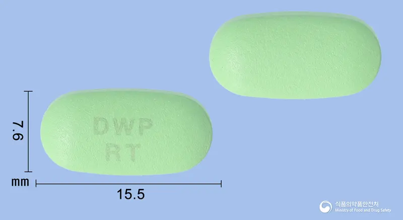 알티로정480mg(알티옥트산트로메타민염) 앞뒤 사진 (연두색 타원형, 각인 DWPRT)