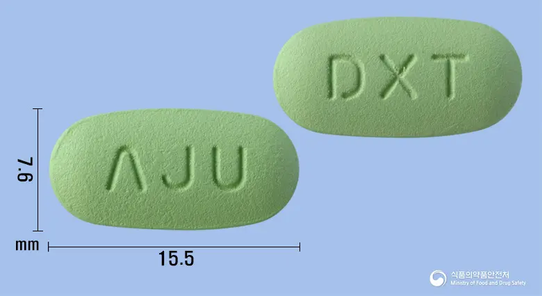 덱시알정480밀리그램(알티옥트산트로메타민염) 앞뒤 사진 (연두색 타원형, 각인 ΛJU / DXT)