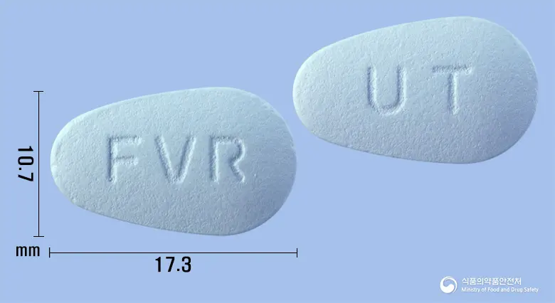 포비어드정(테노포비르디소프록실푸마르산염) 앞뒤 사진 (파란색 기타, 각인 FVR / UT)