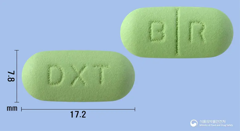 덱시타민정(알티옥트산트로메타민염) 앞뒤 사진 (연두색 장방형, 각인 DXT / B R)