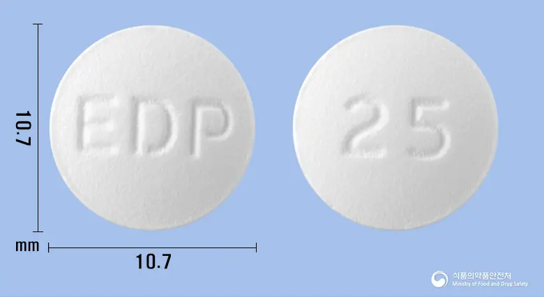 씨플록정250mg(시프로플록사신염산염수화물) 앞뒤 사진 (흰색 원형, 각인 EDP / 25)