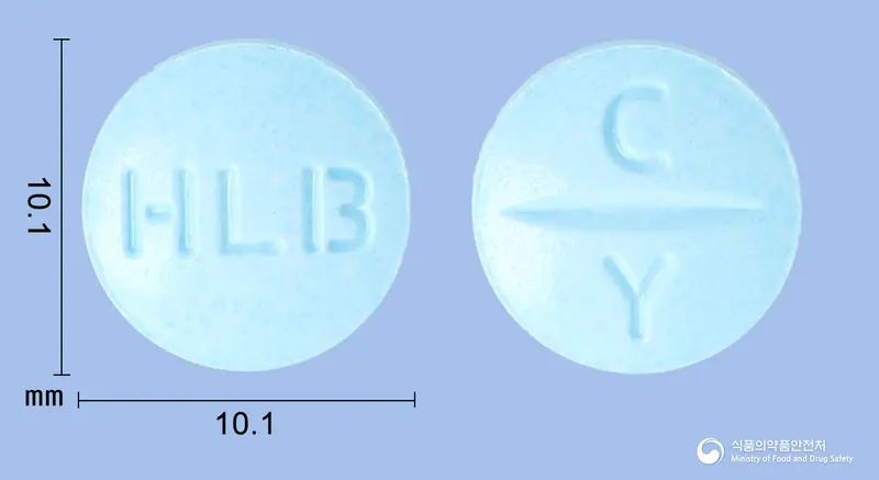아클레어정200밀리그램(아시클로버) 앞뒤 사진 (파란색 원형, 각인 HLB / C Y)