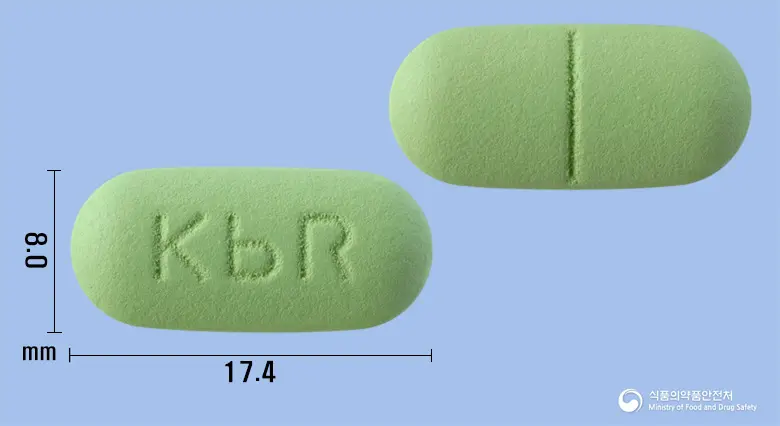아치옥트정480밀리그램(알티옥트산트로메타민염) 앞뒤 사진 (연두색 장방형, 각인 KbR)