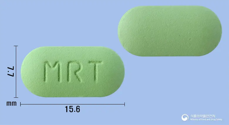 알티옥시드정480밀리그램(알티옥트산트로메타민염) 앞뒤 사진 (연두색 장방형, 각인 MRT)