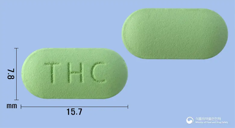 치옥에치정480mg(알티옥트산트로메타민염) 앞뒤 사진 (연두색 장방형, 각인 THC)