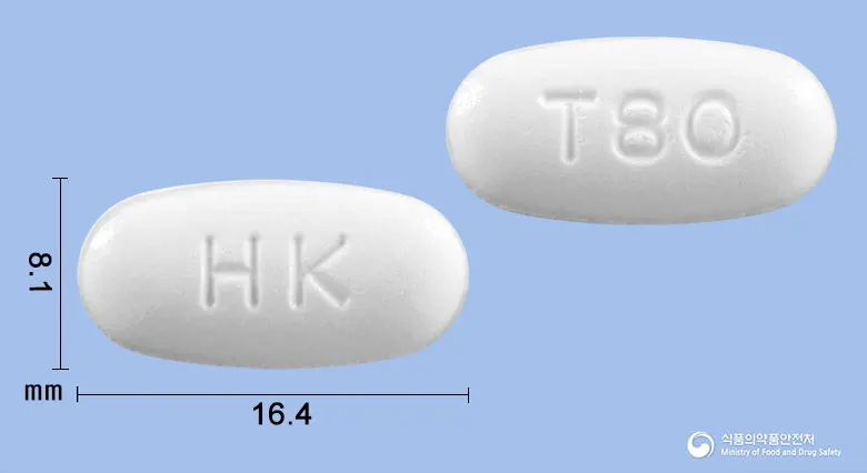 텔미온정80밀리그램(텔미사르탄) 앞뒤 사진 (흰색 타원형, 각인 HK / T80)