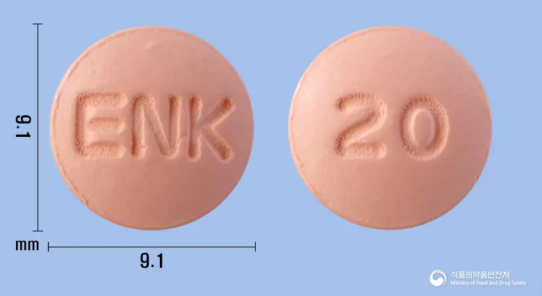 로수반정20mg(로수바스타틴칼슘) 앞뒤 사진 (분홍색 원형, 각인 ENK / 20)