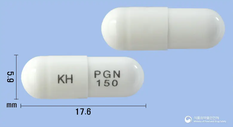 가바메드캡슐150밀리그램(프레가발린) 앞뒤 사진 (흰색 캡슐, 각인 KH PGN 150)