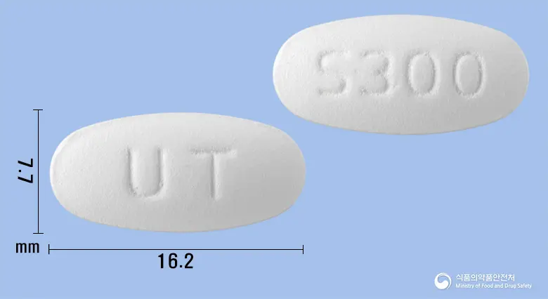 유니그릴씨알정(사르포그렐레이트염산염) 앞뒤 사진 (흰색 타원형, 각인 UT / S300)
