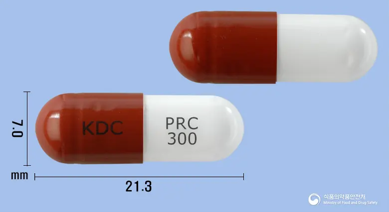 프레가린캡슐300밀리그램(프레가발린) 앞뒤 사진 (갈색 캡슐, 각인 KDC PRC 300)