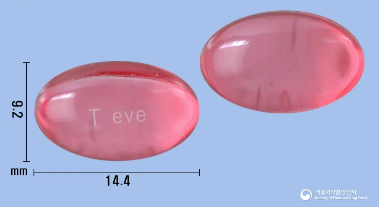 탁센이브연질캡슐 앞뒤 사진 (빨간색·투명 캡슐, 각인 T eve)