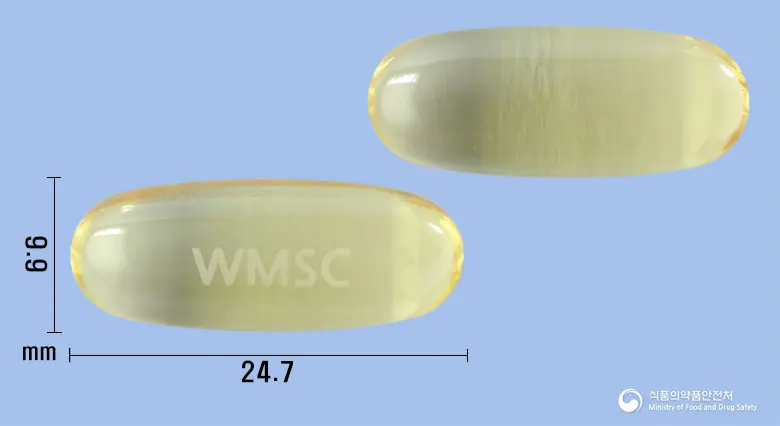 웰마코연질캡슐(오메가-3-산에틸에스테르90) 앞뒤 사진 (노란색·투명 캡슐, 각인 WMSC)