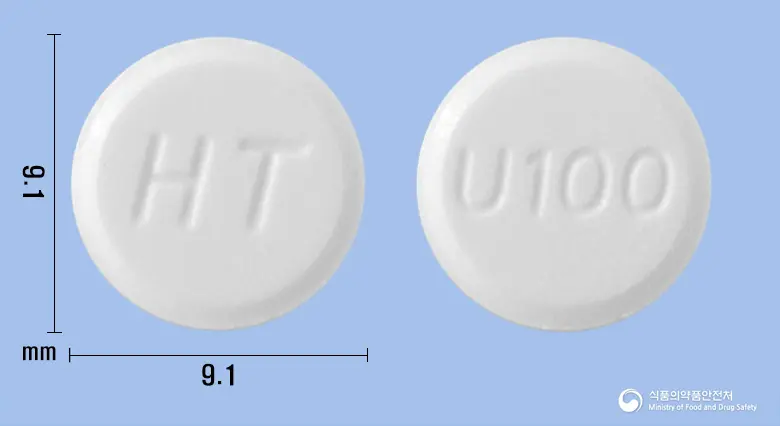 우루리버정100mg(우르소데옥시콜산) 앞뒤 사진 (흰색 원형, 각인 HT / U100)