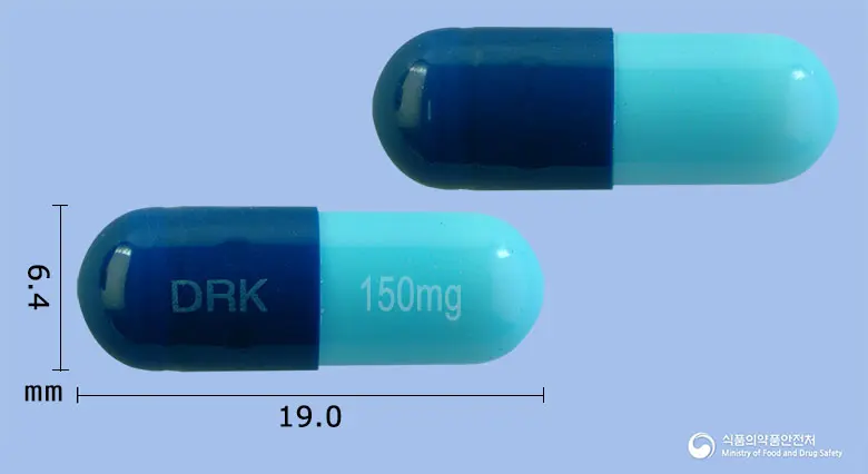 디로칸캡슐150밀리그램(플루코나졸) 앞뒤 사진 (파란색 캡슐, 각인 DRK 150mg)