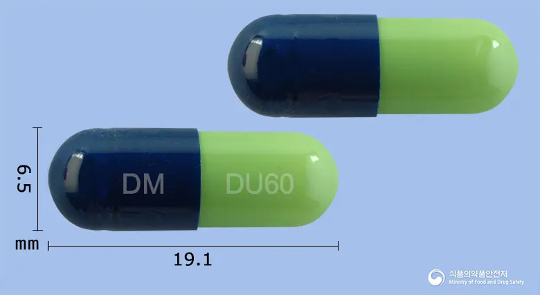 심발세틴캡슐60밀리그램(둘록세틴염산염) 앞뒤 사진 (파란색 캡슐, 각인 DM DU60)