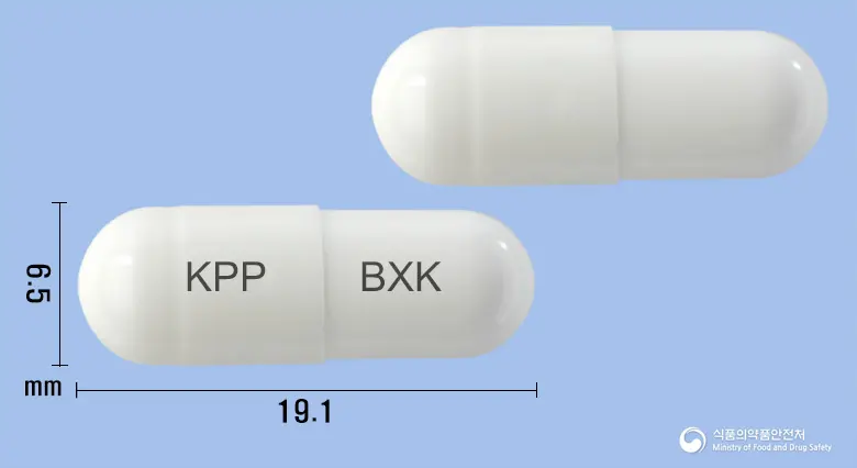 바토루스캡슐(바실루스리케니포르미스균) 앞뒤 사진 (흰색 캡슐, 각인 KPP BXK)