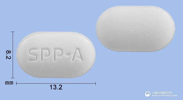메디알정500mg(알마게이트) 앞뒤 사진 (흰색 장방형, 각인 SPP-A)