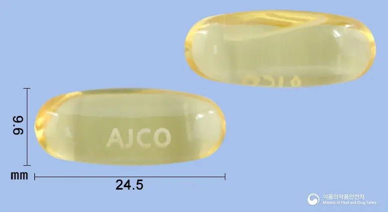 아주코연질캡슐(오메가-3-산에틸에스테르90) 앞뒤 사진 (노란색·투명 캡슐, 각인 AJCO)