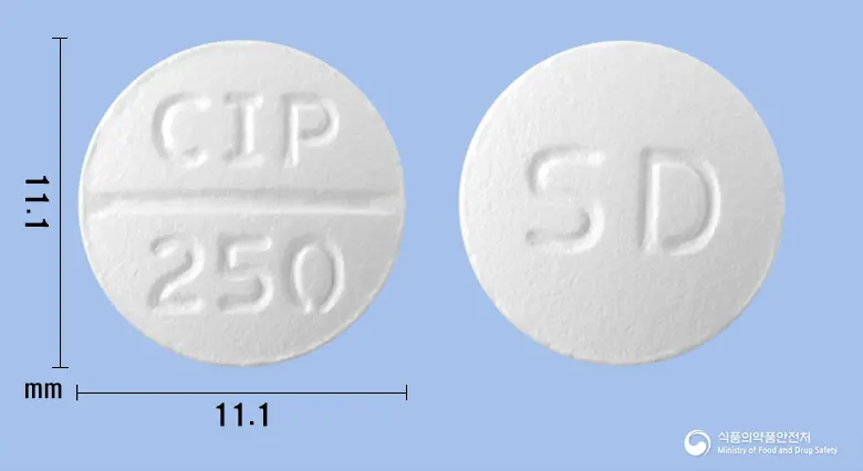 팜젠시프로플록사신정250mg(시프로플록사신염산염) 앞뒤 사진 (흰색 원형, 각인 CIP 250 / SD)