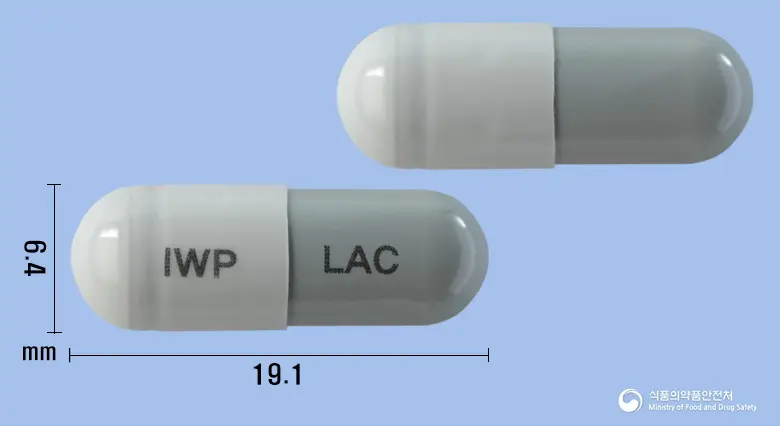 락토필캡슐300밀리그램(락토바실루스아시도필루스균) 앞뒤 사진 (흰색 캡슐, 각인 IWP LAC)