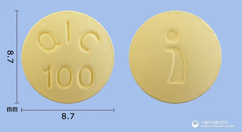콰이치정100밀리그램(쿠에티아핀푸마르산염) 앞뒤 사진 (노란색 원형, 각인 QIC100)