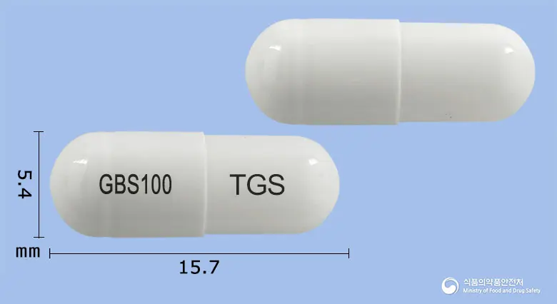씨티가바캡슐100mg(가바펜틴) 앞뒤 사진 (흰색 캡슐, 각인 GBS100 TGS)