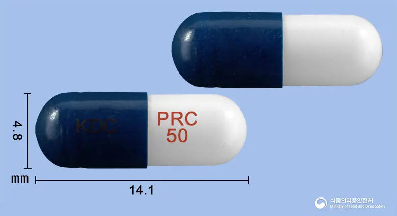 프레가린캡슐50밀리그램(프레가발린) 앞뒤 사진 (파란색 캡슐, 각인 KDC PRC 50)